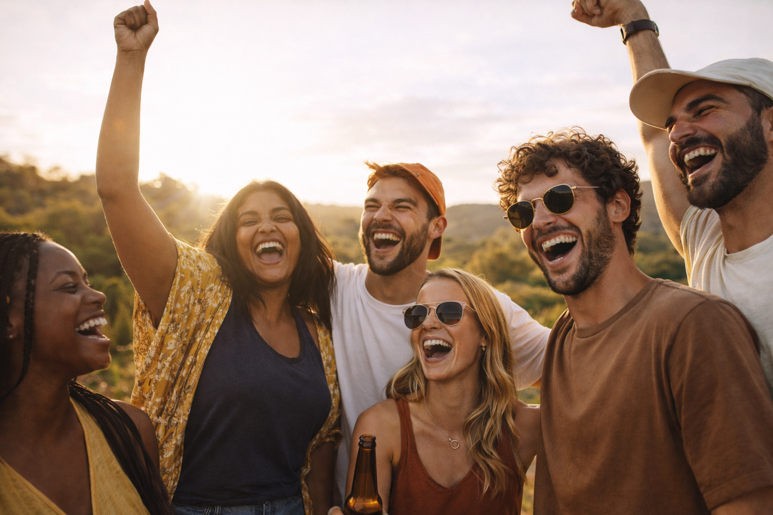 Friends on the beach at sunset